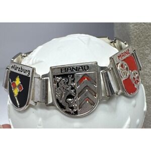 VTG‎ German Shield Panel Souvenir Bracelet 8" Silver Plate Enamel 7 Shields